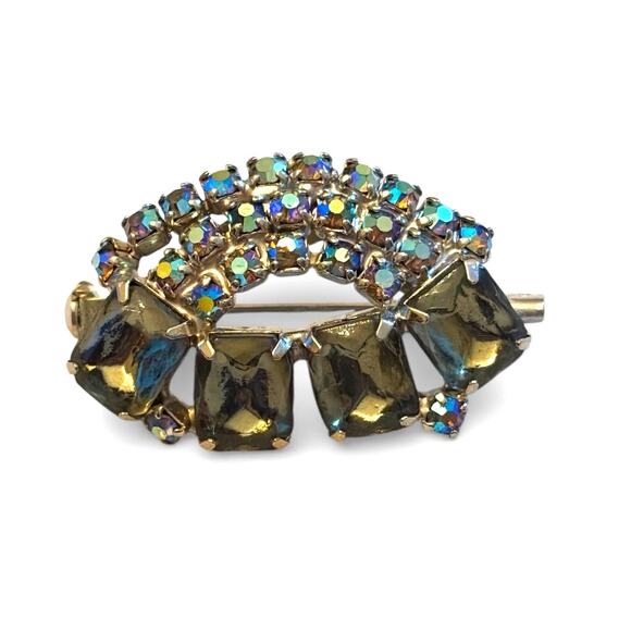 Vintage Jewelry - Smoky Blue Rhinestone Aurora Borealis 60s Eye Costume Brooch